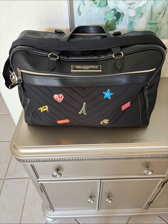 Karl Lagerfeld Other - Karl Lagerfeld Black Quilted Duffel Bag with Gold Trim and Enamel Pins